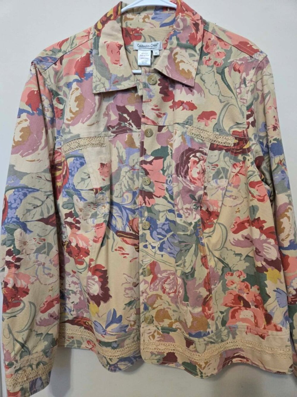 Womens Coldwater Creek Denim Floral Lace Jacket Size 2X Cotton